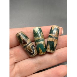 Бусина Дзи "330", Двойной клык, Агат, зелёный, тонированный, состаренный, кракле, 30х10 мм, цена за 1 шт.