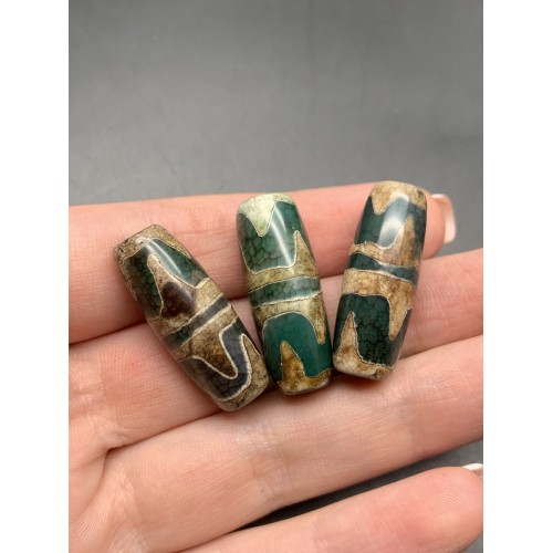 Бусина Дзи "330", Двойной клык, Агат, зелёный, тонированный, состаренный, кракле, 30х10 мм, цена за 1 шт.