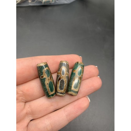 Бусина Дзи "337", Кубера, Агат, зелёный, тонированный, состаренный, кракле, 30х10 мм, цена за 1 шт.