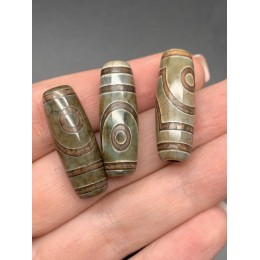 Бусина Дзи "335", 2 глаза, Агат, зелёный, тонированный, глянцевый, кракле, 29х10 мм, цена за 1 бусину