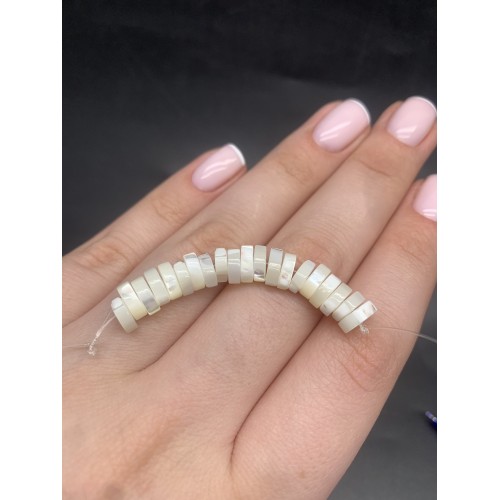 Каменные бусины, Перламутр, белый, шайба, 8х2 мм, длина нити 5 см, 20 бусин