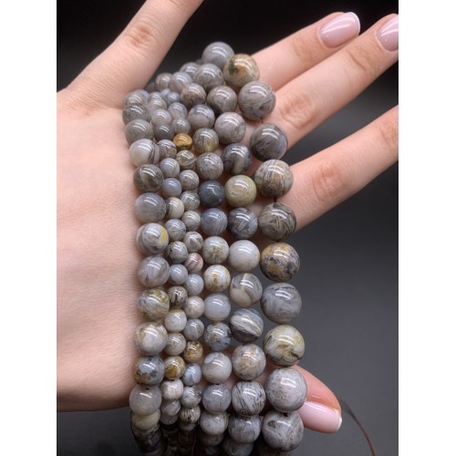 Каменные бусины, Агат Бамбуковый, шарик гладкий, 10 мм, длина нити 38-39 см