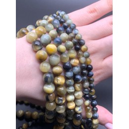 Каменные бусины, Тигрово-соколиный глаз, шарик гладкий, размер 10 мм, длина нити 37 см