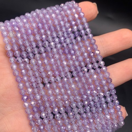 Каменные бусины, Цирконий кубический, (т.н. Циркон), лавандовый кристалл, шарик, огранка, 4 мм, длина нити 38 см