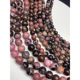 Каменные бусины, Родонит, Дендритовый, шарик гладкий, 6 мм, нить 38 см
