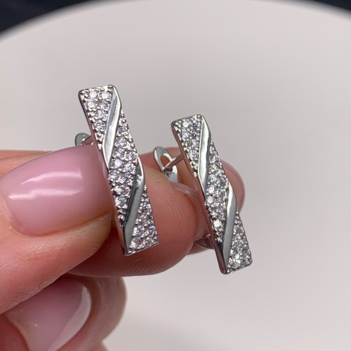 Швензы, вставка фианиты, родий/латунь, цвет серебро, размер 22х12 мм