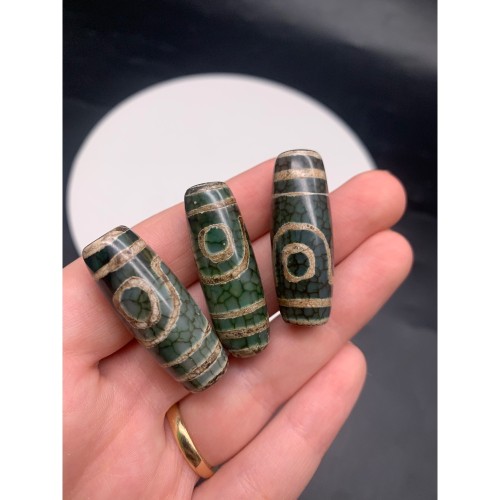 Бусина Дзи "350", 2 глаза Дракона, Агат, зелёный, тонированный, состаренный, кракле, 40х15 мм, цена за 1 бусину