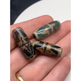 Бусина Дзи "330", Двойной клык, Агат, зелёный, тонированный, состаренный, кракле, 30х10 мм, цена за 1 шт.