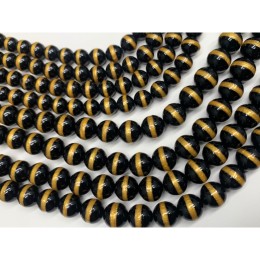 Каменные бусины, Дзи медицины (здоровья), Агат чёрный, глянцевый, шарик гладкий, 10 мм, длина нити 38 см 17951