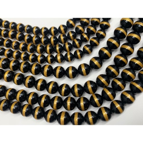 Каменные бусины, Дзи медицины (здоровья), Агат чёрный, глянцевый, шарик гладкий, 10 мм, длина нити 38 см 17951