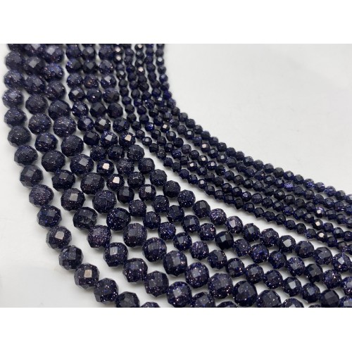 Каменные бусины, Авантюриновое стекло, цвет синий, имитация, шарик огранка, 2 мм, длина нити 38 см