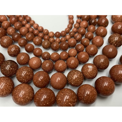 Каменные бусины, Авантюриновое стекло, цвет-золотой песок, имитация, шарик гладкий, 6 мм, длина нити 37 см