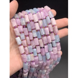 Каменные бусины, Микс (Кунцит, Аквамарин), не обработанный, столбики, 12х7,5 мм, длина нити 38 см