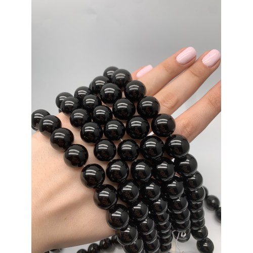 Каменные бусины, Агат, чёрный, шарик гладкий, 15,5-16 мм, длина нити 38 см