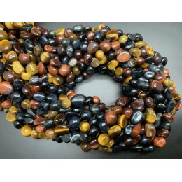 Каменные бусины, Тигровый Микс, (Бычий, соколиный, тигровый глаз), фриформы, 8х6 мм, длина нити 39 см