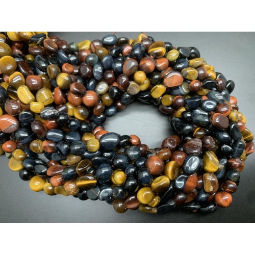 Каменные бусины, Тигровый Микс, (Бычий, соколиный, тигровый глаз), фриформы, 8х6 мм, длина нити 39 см
