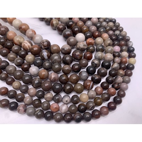 Каменные бусины, Яшма, пейзажная, фантазийная, "Окаменелое дерево", шарик гладкий, 10 мм, длина нити 38 см