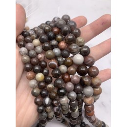 Каменные бусины, Яшма, пейзажная, фантазийная, "Окаменелое дерево", шарик гладкий, 10 мм, длина нити 38 см