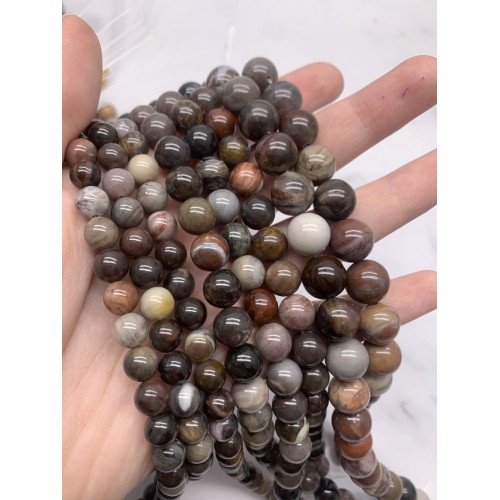 Каменные бусины, Яшма, пейзажная, фантазийная, "Окаменелое дерево", шарик гладкий, 10 мм, длина нити 38 см