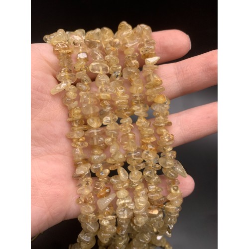 Каменные бусины, Рутиловый Кварц, Золотой, (Волосатик), крошка, фриформы, 7х3 мм, длина нити 39 см