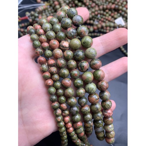 Каменные бусины, Унакит, шарик гладкий, 10-10,5 мм, длина нити 38 см
