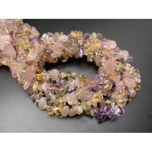 Каменные бусины, Микс кварцев (лавандовый аметист, цитрин, розовый кварц), крошка, фриформы, 9х3 мм, длина нити 38 см