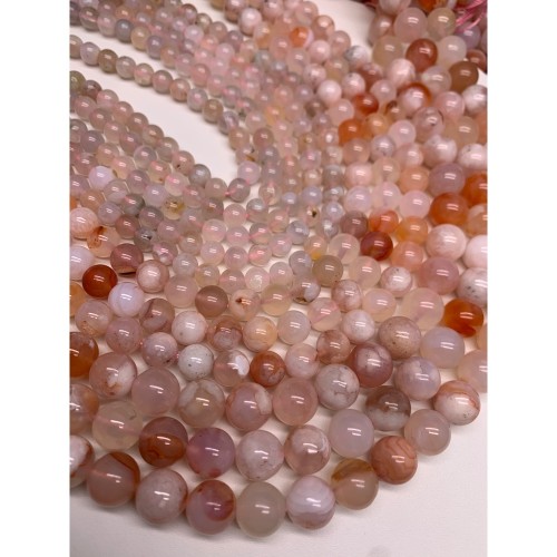 Каменные бусины, Агат Сакура, шарик гладкий, 7,5 мм, длина нити 56 см