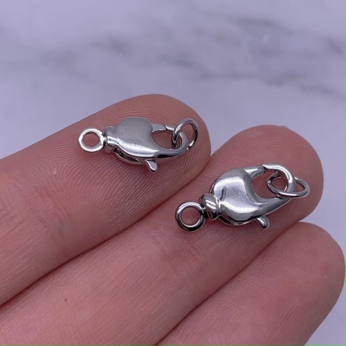 Карабин, замочек, лобстер, родий/латунь, под серебро, 14 мм, с соединительным колечком, цена за 1 шт