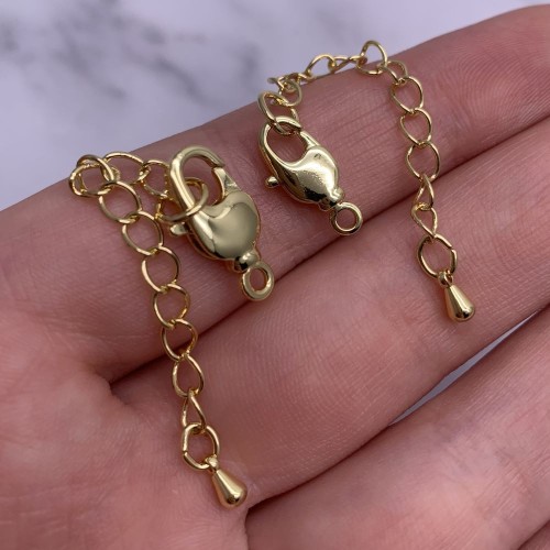 Карабин, замочек, лобстер, латунь, под золото, 12 мм, с соединительным колечком, с удлинителем 50 мм, цена за 1 шт