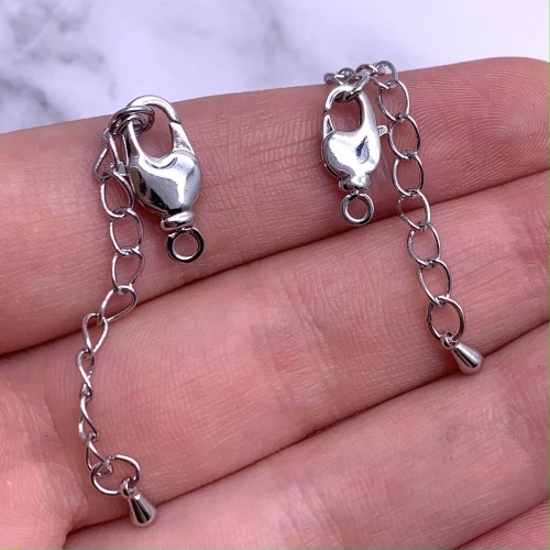 Карабин, замочек, лобстер, родий/латунь, под серебро, 12 мм, с удлинителем 40 мм, подвеска капля, цена за 1 шт