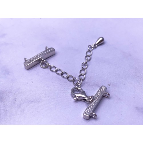 Замок, двухрядный, со стразами, родированное серебро 925 пробы, 14,7 мм (общая ширина), карабин 8мм, с удлинителем 50 мм, цена за шт