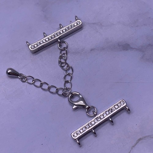 Замок, четырехрядный, вставка цирконии, модель 925, покрытие родий, 20х3 мм, карабин 8мм, с удлинителем 50 мм, цена за шт