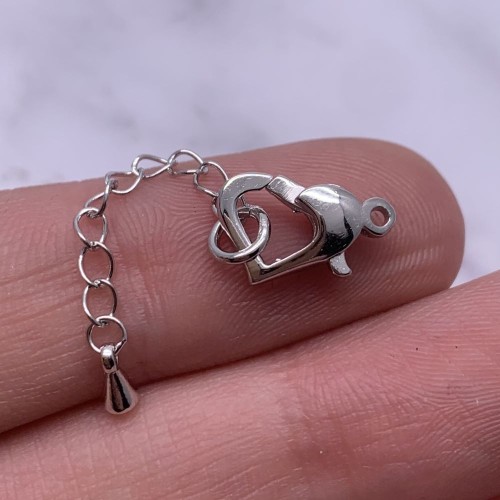 Карабин "сердце", родированное серебро 925 пробы, 13 мм, с удлинителем 32 мм, цена за 1 шт