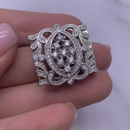 Застёжка, многорядная, со стразами, родированное серебро 925 пробы, 24х23,5 мм