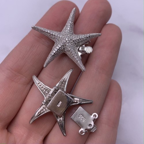 Застёжка "Морская звезда", трехрядная, со стразами, родированное серебро 925 пробы, 31х8 мм