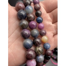 Каменные бусины, Сапфир Микс, (Рубин, Сапфир, Падпараджа, Наждак) люкс, шарик гладкий, 8 мм, 19 см
