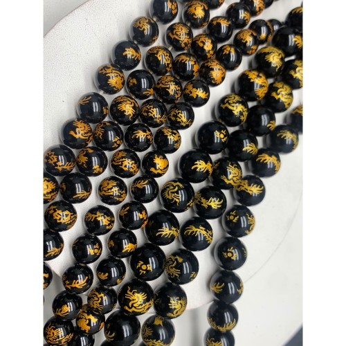 Каменные бусины, Агат, черный, дракон, шарик, гладкий, 10 мм, длина нити 38 см