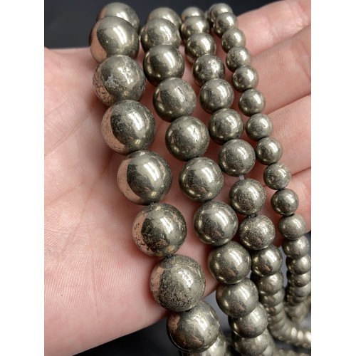 Каменные бусины, Пирит, шарик гладкий, 12 мм, длина нити 38-39 см