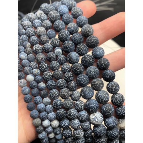 Каменные бусины, Африканский Агат, (Кракле), тонированный, темно-серый, шарик гладкий, 10 мм, длина нити 38 см