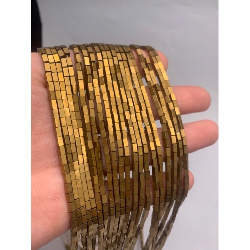 Каменные бусины, Гематит синтетический, цвет золото, матовый, трубочки прямоугольные, размер 4х2 мм, нить 38 см