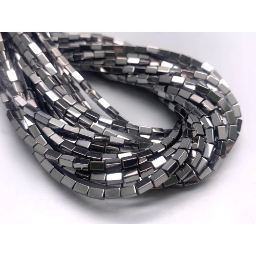 Каменные бусины, Гематит синтетический, серебро, трубочки прямоугольные, размер 4х2 мм, нить 38 см