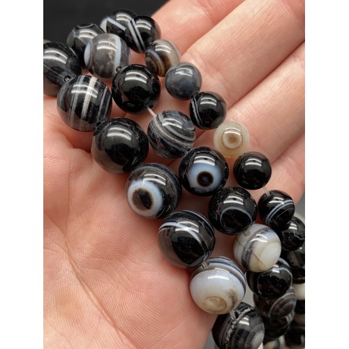 Каменные бусины, Агат Чёрный Глазковый, шарик гладкий, 12 мм, длина нити 38 см