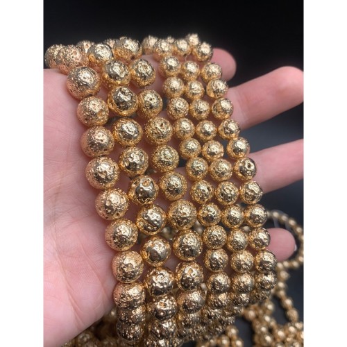 Каменные бусины, Вулканическая лава металлизированная, цвет светлое золото, 10 мм, длина нити 38 см