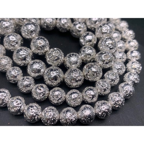 Каменные бусины, Вулканическая лава металлизированная, цвет  светлое серебро, 12 мм, длина нити 38 см
