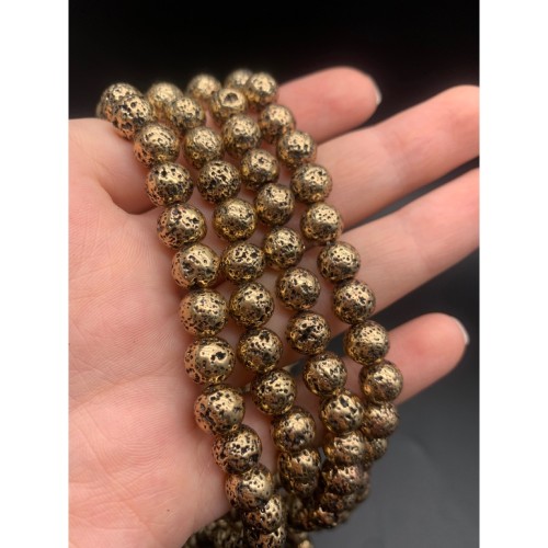 Каменные бусины, Вулканическая лава металлизированная, цвет старое золото, 8 мм, длина нити 38 см