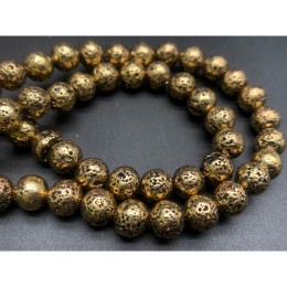 Каменные бусины, Вулканическая лава металлизированная, цвет старое золото, 8 мм, длина нити 38 см