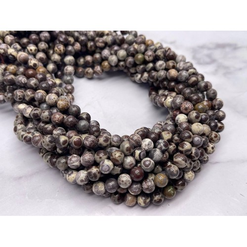 Каменные бусины, Риолит, леопардовая Яшма, шарик гладкий, 6 мм, длина нити 38 см
