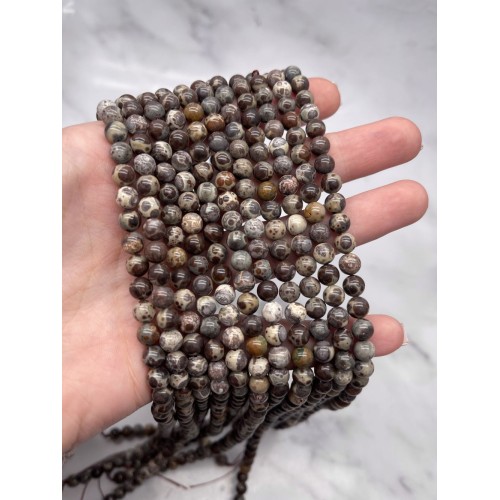 Каменные бусины, Риолит, леопардовая Яшма, шарик гладкий, 6 мм, длина нити 38 см