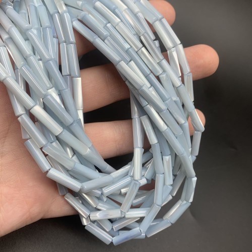 Каменные бусины, Перламутр голубой, тонированный, столбики (трубочки), 13х4 мм, длина нити 38 см