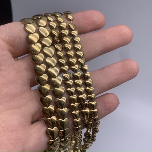 Каменные бусины, Гематит синтетический, золото, сердечки объемные, 8 мм, длина нити 38 см